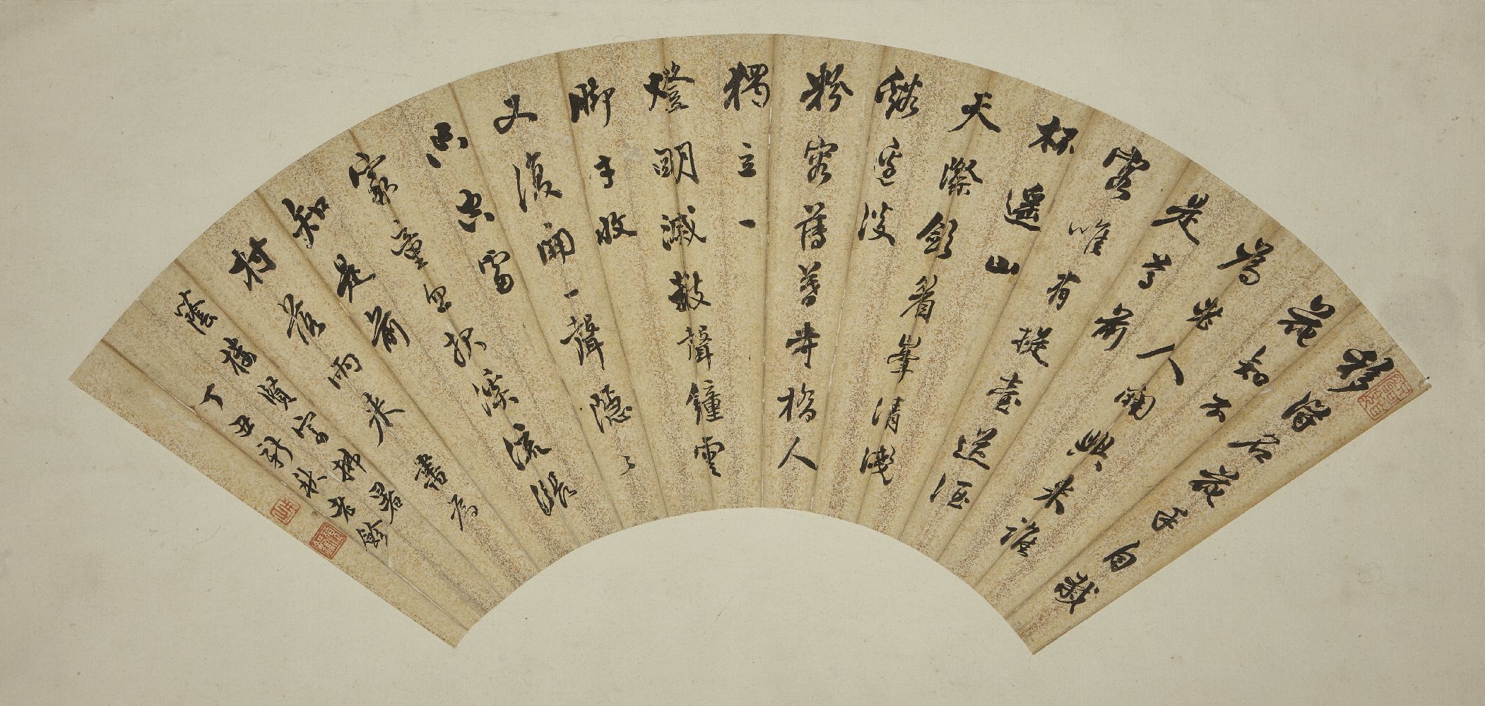 19th century Chinese school, four fan paintings, three ink on paper and one ink and colour on - Image 4 of 5