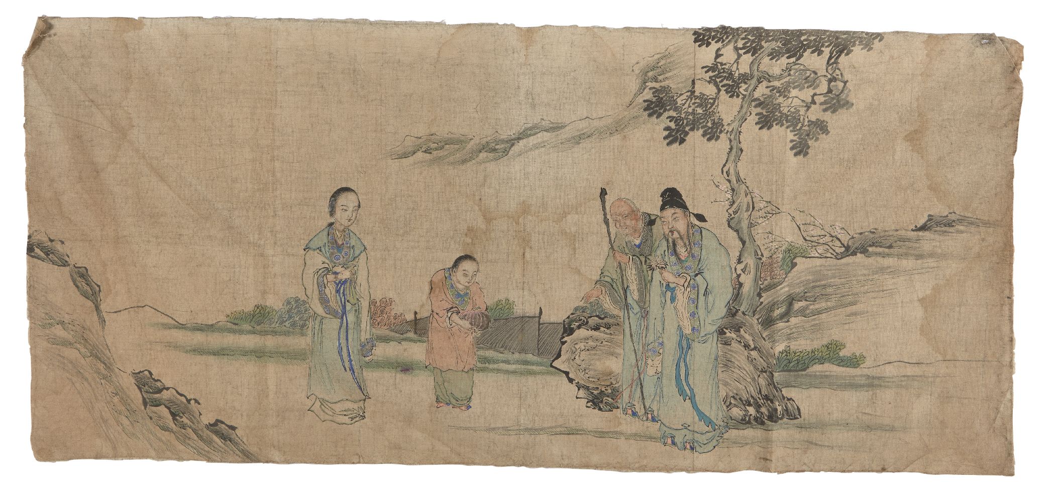 19th century Chinese school, ink and colour on silk, study of a child bearing a gift before two