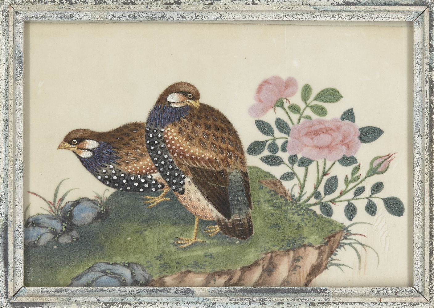 Twelve Chinese pith paper paintings of birds, late 19th century, all studies of pairs of birds, 10.6 - Image 8 of 11