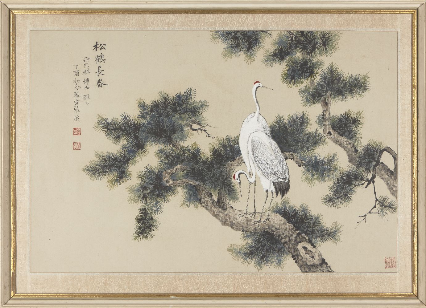 ZHANG ZHEN (Chinese, 20th century), ink and colour on paper, study of two cranes perched atop a pine - Image 2 of 2
