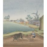 19th century Chinese School, watercolour on paper, farmer poughing a field with an ox, 34.5x30.