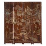 A Chinese coromandel lacquer four-panel 'festival' floor screen, late Qing dynasty, carved to both