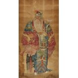 19th century Chinese school, ink and colour on silk scroll, portrait of an immortal wearing imperial