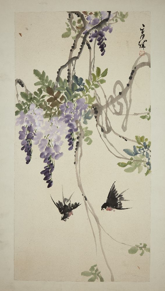 20th century Chinese school, ink and colour on paper, study of two birds flying below bunches of