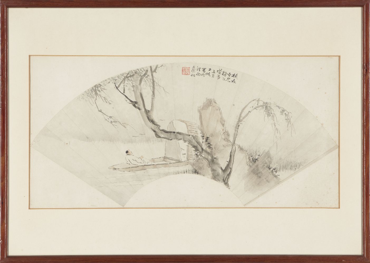 CUI QI (Chinese, 1841-1915), ink and colour on paper fan, study of a man reclining on a boat in a - Image 2 of 2