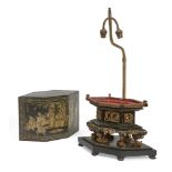 A Chinese carved giltwood stand and painted lacquer cover, early 20th century, the stand supported