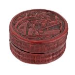 A Chinese cinnabar lacquer treasure box and cover, 19th century, the cover carved with a fisherman