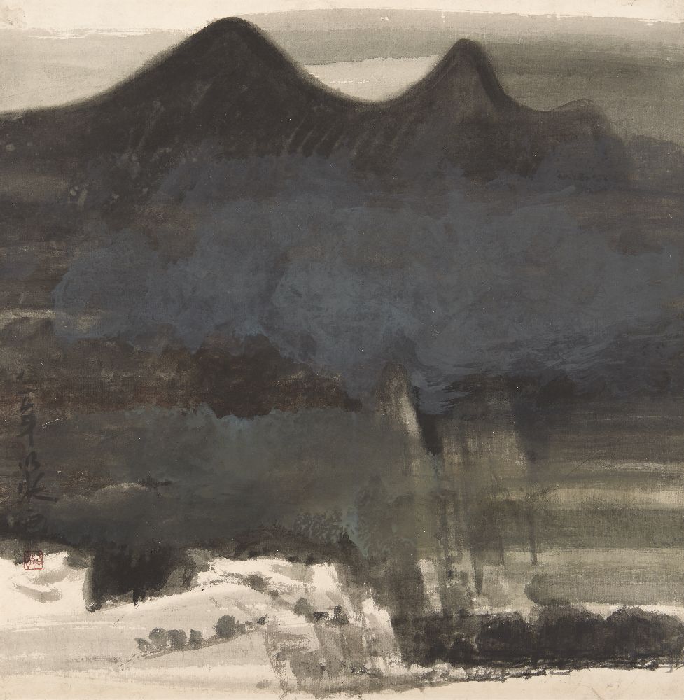 ZHONG YIJING (Chinese, 20th century), watercolour on paper, mountain landscape, inscribed and with