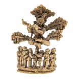 A Nepalese carved bone figure group, 16th century, carved as Krishna sat in a tree playing a venu