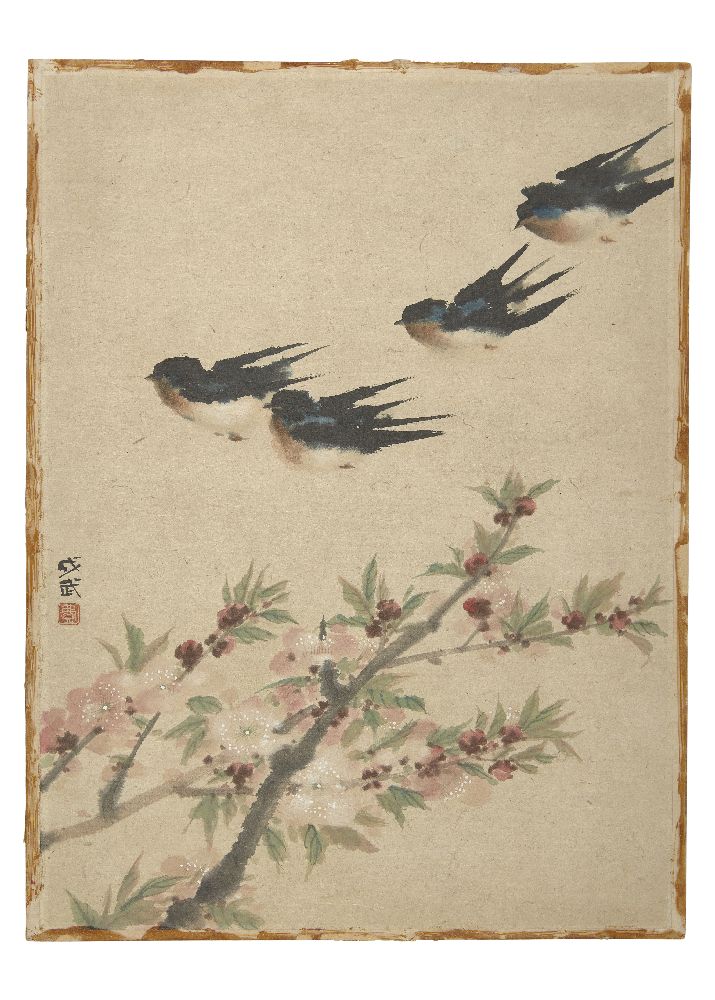 FEI CHENGWU (Chinese, 1914-2001), ink and colour on paper, study of birds flying above flowering