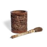 A Chinese carved bamboo brush pot and bone calligraphy brush, late 19th century, the brush pot
