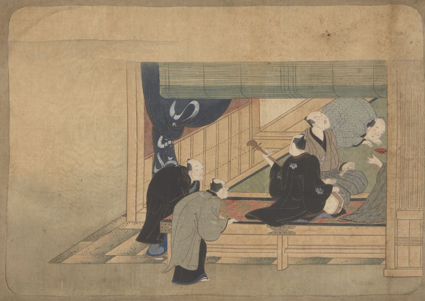 19th century Japanese school, ink and colour on silk, study of musicians and onlookers, 28 x 40cm,