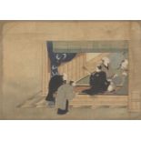 19th century Japanese school, ink and colour on silk, study of musicians and onlookers, 28 x 40cm,