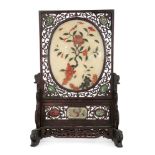 A Chinese hardstone and coral-set wood table screen, late 19th century, the wood screen carved and