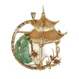 A Chinese 18ct gold and jadeite brooch, 20th century, the jadeite plaque carved as a woman leaning