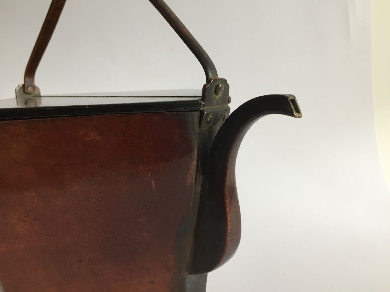 A Chinese copper teapot, 17th/18th century, of square form with canted edges and curved spout, 19. - Image 4 of 8