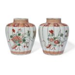 A pair of Chinese porcelain famille verte lobed 'peony and chrysanthemum' jars, Kangxi period,