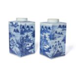 A pair of Chinese export porcelain blue and white square tea cannisters, late 18th century,