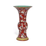 A Chinese porcelain famille rose coral-ground 'cranes' vase, gu, Republic period, painted with