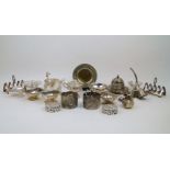 A group of silver and silver plate, the silver comprising three small silver bonbon dishes, the