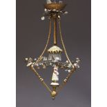 A Continental gilt-bronze hanging light, first half 20th century, the rope-twist suspension rods