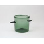 A green glass ice bucket, early 19th century, modelled with twin handles, 18cm high, 19.5cm diameter