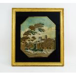 A mid-19th century stumpwork picture depicting a landscape with castle and children playing in the