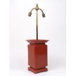 A Chinese style lamp base, 20th century, the brass stem with twin light fittings on ceramic lamp