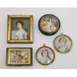 A collection of five portrait miniatures on ivory, 18th and 19th century, comprising a pair of the