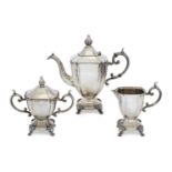A three piece silver plated coffee service comprising coffee pot, sugar and milk jug, stamped GSC,