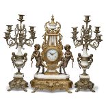 A white marble and gilt metal three piece clock garniture, early 20th century, the clock case