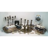 A quantity of silver plate and metal items including three pairs of candlesticks; a tea kettle and