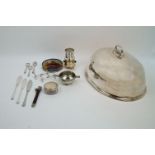 A domed oval Mappin & Webb silver plated dish cover, together with a small quantity of silver