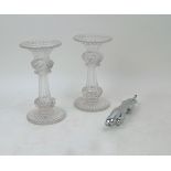 A pair of cut-glass candlesticks, 20th century, trumpet flaring rims with swirl form knops, 20cm