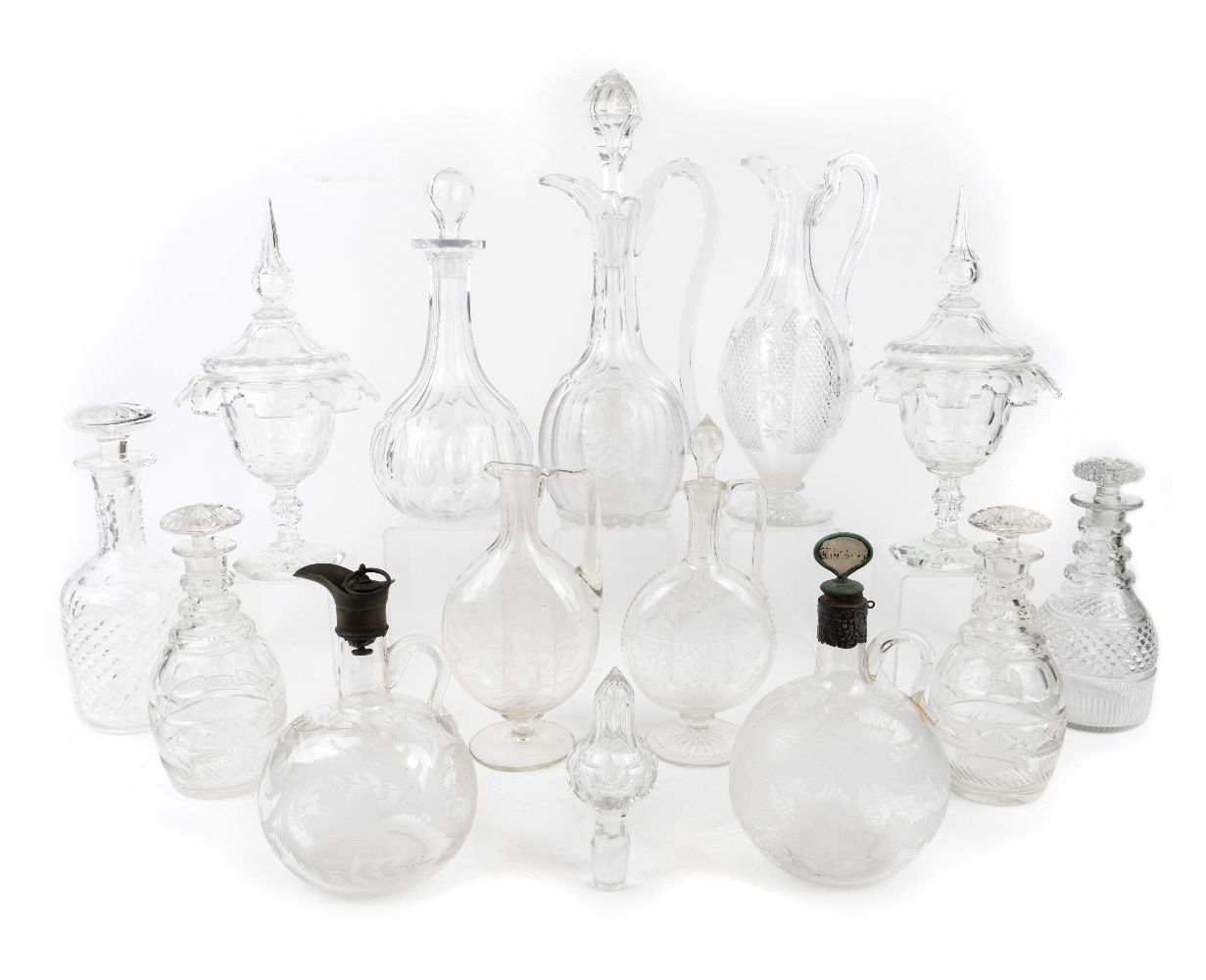 A collection of George III and Victorian glassware, comprising: four flagons, one engraved with