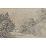 British School, early 19th century- Trees by a river; pencil on paper heightened with white, 15 x 22