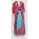 Zandra Rhodes, a shocking pink patterned pleated silk evening dress with pleated cape style jacket