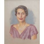 Lake, British, mid-20th century- Portrait of a lady, quarter-length in a mauve dress; pastel on buff