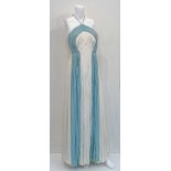 Madame Gres, a pleated cream and turquoise jersey evening gown, the strapless gown with rouleau neck
