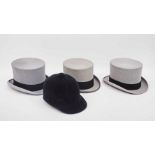 Three gentlemen's grey felt top hats by Lock & Co., together with a black riding cap by Herbert