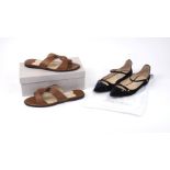 Jimmy Choo: a pair of Atia flat tan leather sandals, size '40.5', with dust bag and original box,