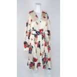 Tory Burch: a floral print silk and satin jacquard dress with adjustable buckle belt, size '2',