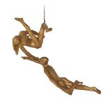 Nigel Konstam, British b.1932 - Two nude figures on a trapeze; aluminium, 15(H) x 23.5(W) x 10(D) (