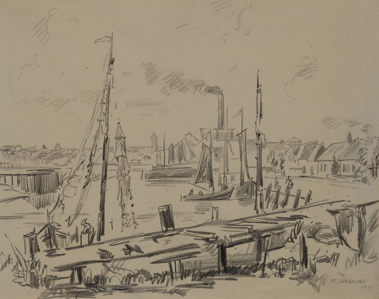 Elliott Seabrooke LG, British 1886-1950 - View in Sète, Occitanie, 1911; pencil on paper, signed