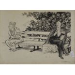 Leslie Illingworth, Welsh 1902–1979 - Lady Asquith & MacMillan on park bench; ink and pencil on