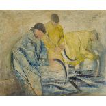 Robin Wylie, Irish active second half 20th century - Three fishermen (with portrait of a man on