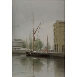 Paul Gunn, British b.1934 - Thames Barge 'The May' of Ipswich, moored at St Katherine’s Dock,