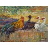 Jeffrey Pratt, British b.1940 - Chickens; oil on board, signed lower right 'J Pratt', 60.8 x 81