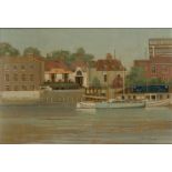 Paul Gunn, British b.1934 - The Dove, Hammersmith Pier, 1974; oil on board, signed and dated lower