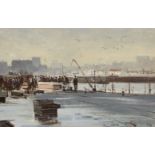 Roy Petley, British b.1950 - Quayside; oil on board, signed lower right 'Roy Petley', 30.5 x 45.5 cm